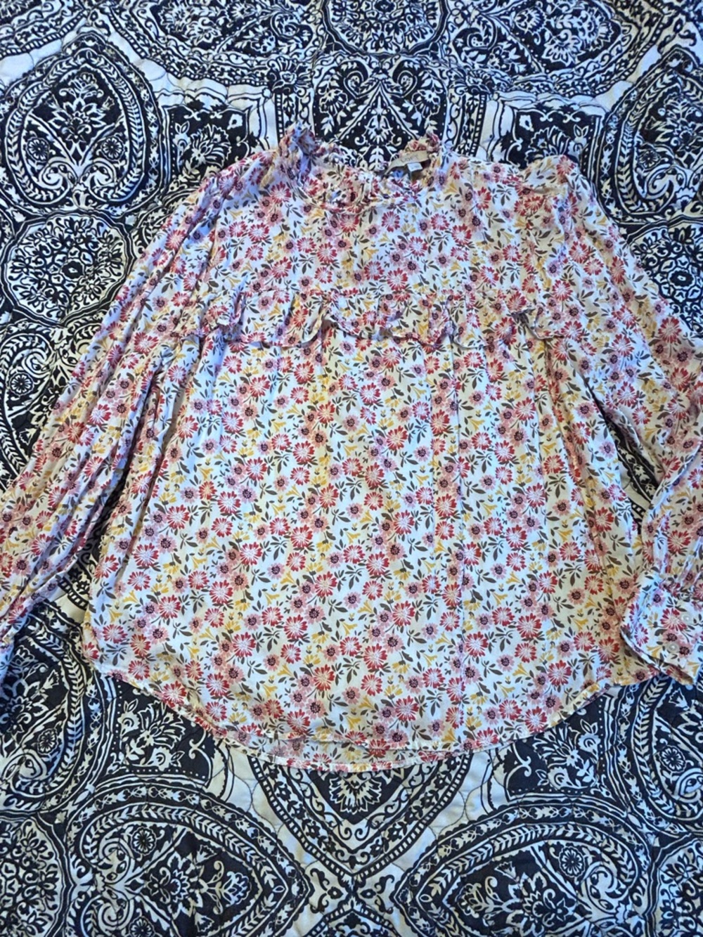 LOFT Red, Pink and Yellow Floral Ruffle Yoke Blouse